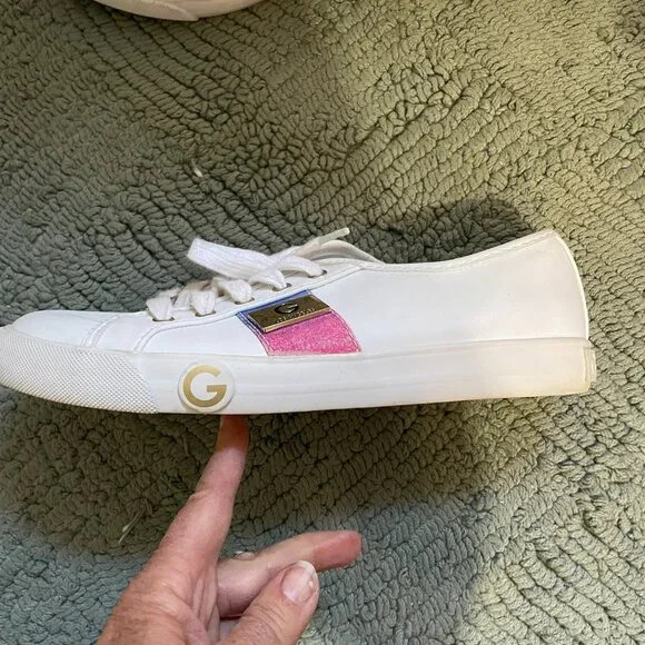 G by Guess Women White Lace Up Glitter on Stripe Sneakers Casual Shoes Size 7.5 - Picture 9 of 12